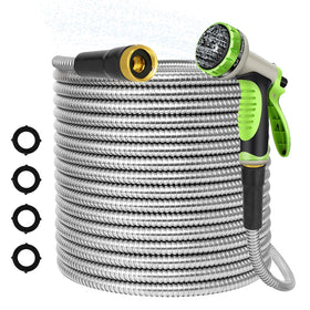 AMOOX 50ft metal garden hose ready for outdoor use with durable construction
