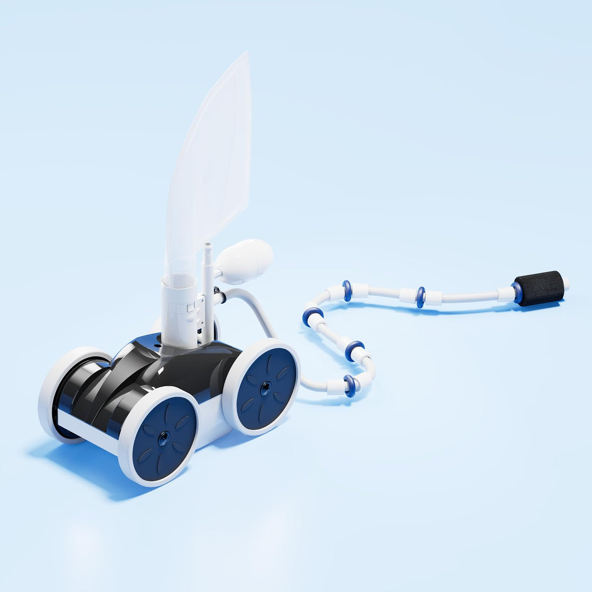 Amptyhub upgrade pool sweeper front view show four-wheel design for steady cleaning