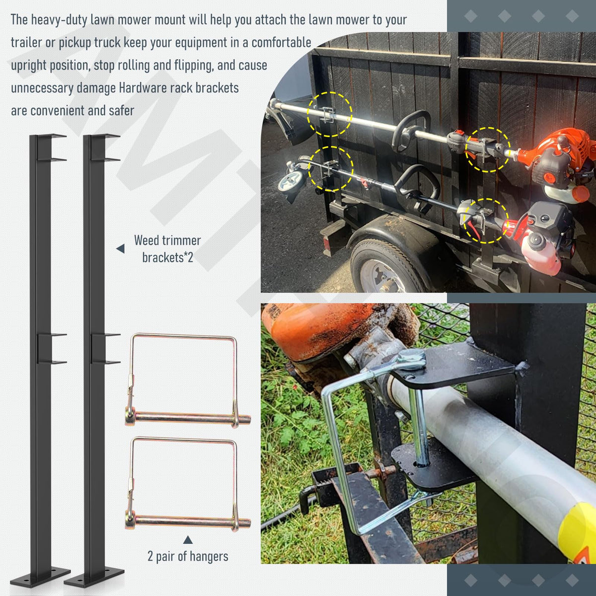 AMTHKNO trimmer rack installed on a trailer for organized gear.
