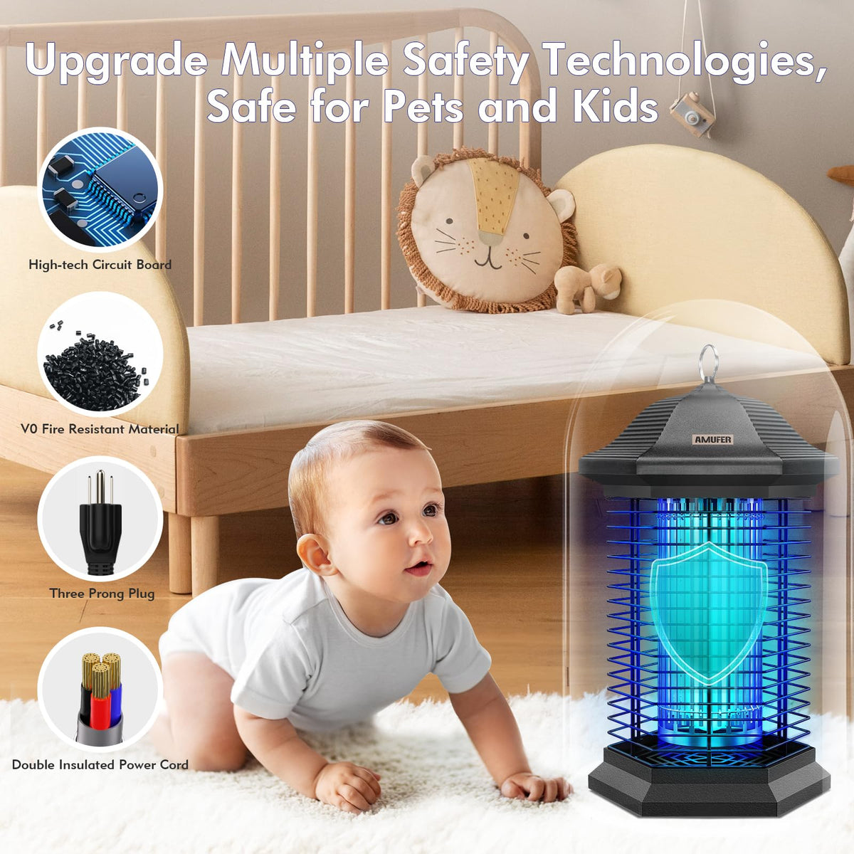 AMUFER Bug Zapper shows half-acre coverage for patios and backyards