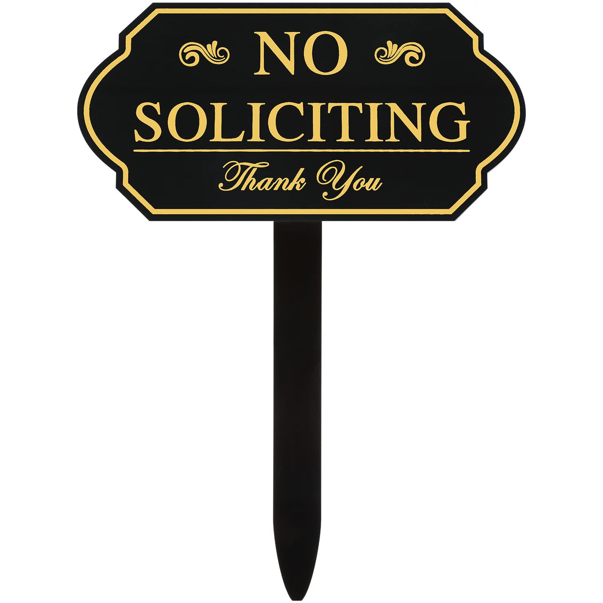 Amyhill gold no-soliciting sign with stake front view for curbside visibility