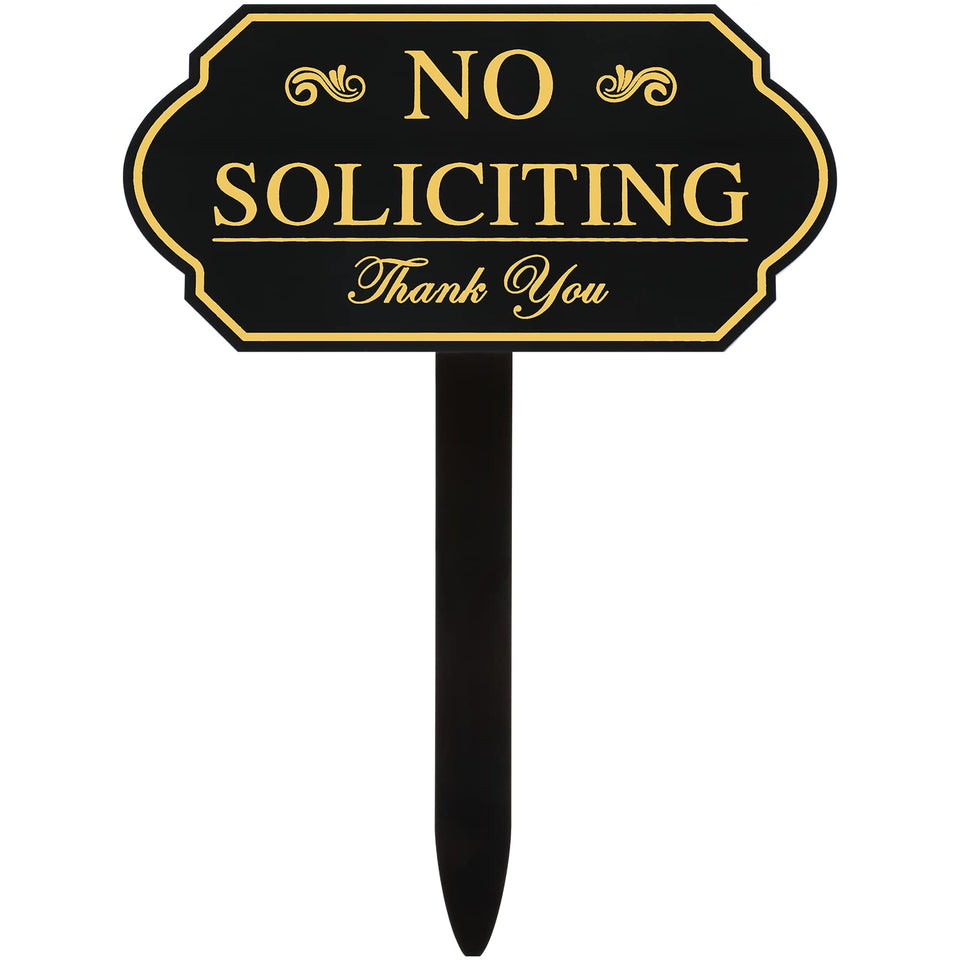 Amyhill gold no-soliciting sign with stake front view for curbside visibility