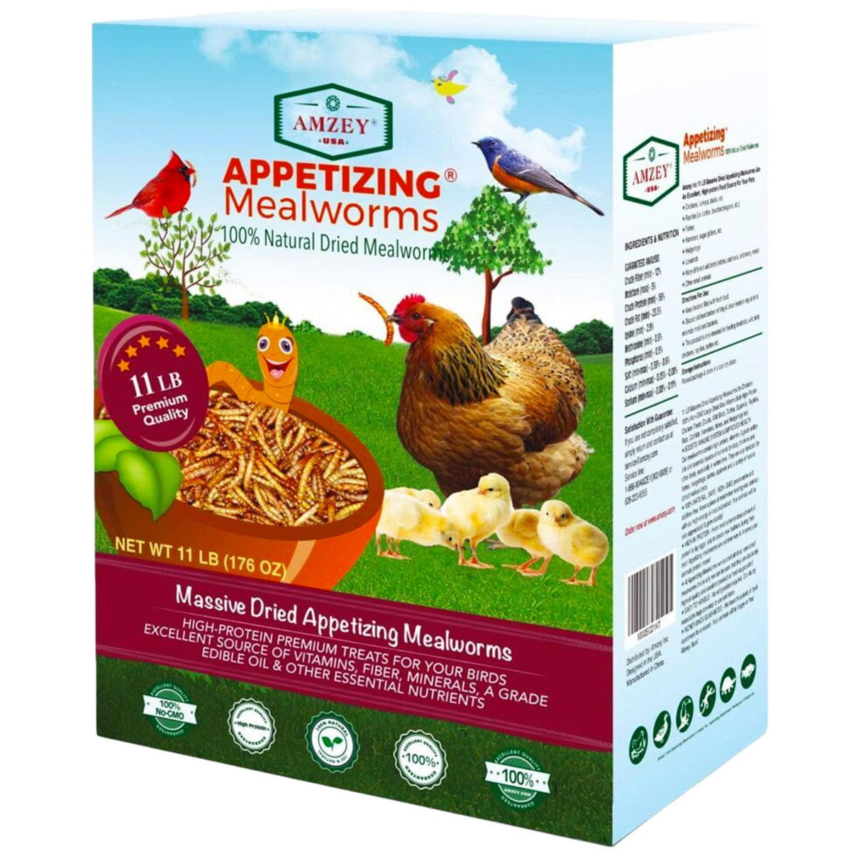 Amzey Dried Mealworms 11lbs bulk package highlighting convenient, protein-rich feed for multiple animals.