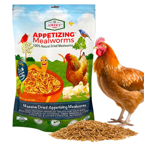 Amzey dried mealworms in a 2 lb bag for poultry and birds