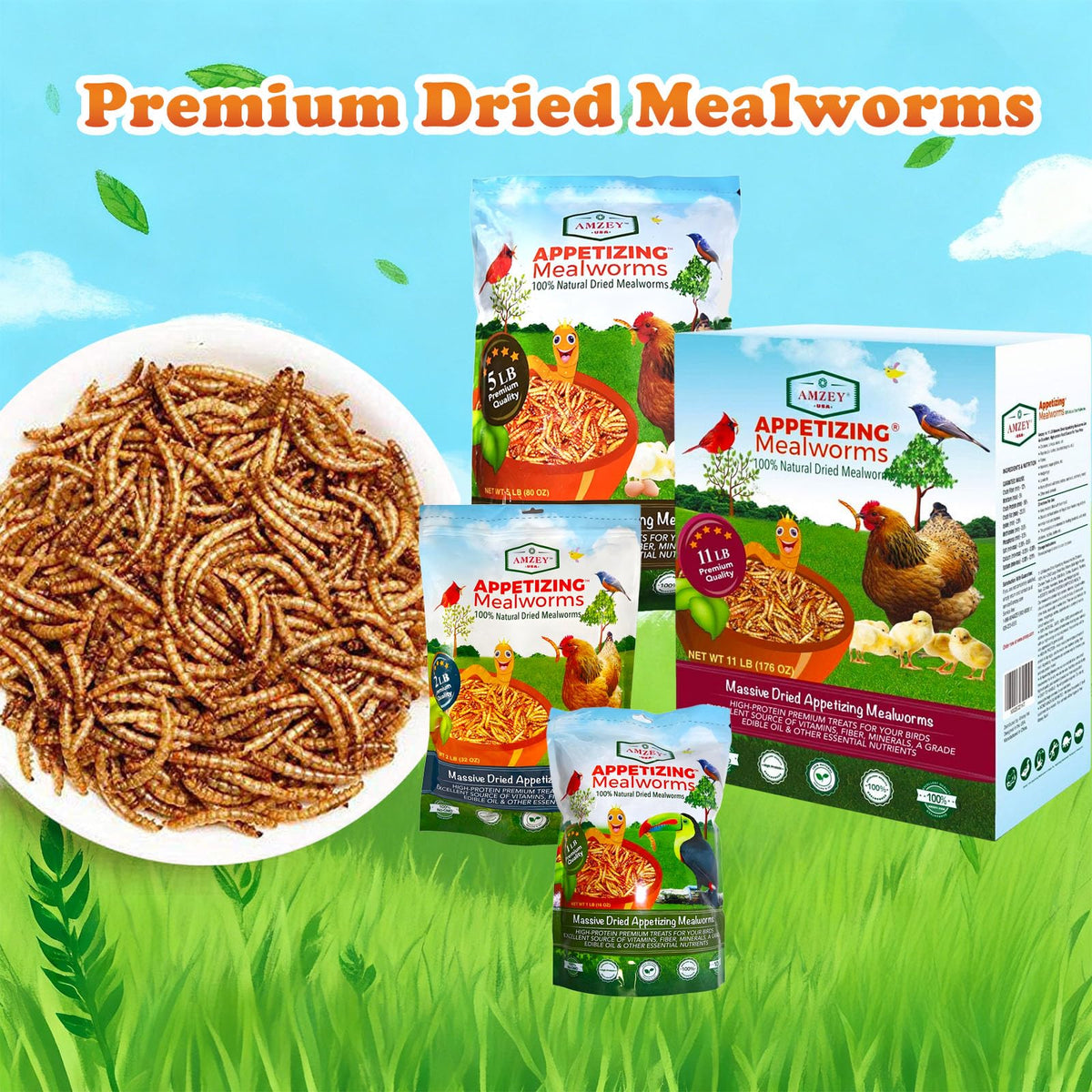 Amzey Dried Mealworms packaging with non-preservative claim communicates clean ingredient sourcing.