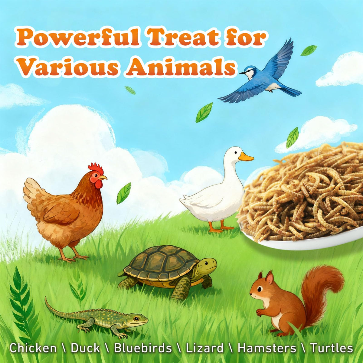 Amzey Dried Mealworms long shelf life image signals easy storage.
