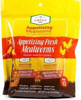 Amzey Fresh Mealworms packaging with 12 resealable pouches preserving freshness for easy feeding