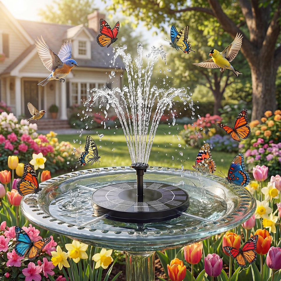 AMZtime solar bird bath fountain shows six nozzle patterns for versatile sprays