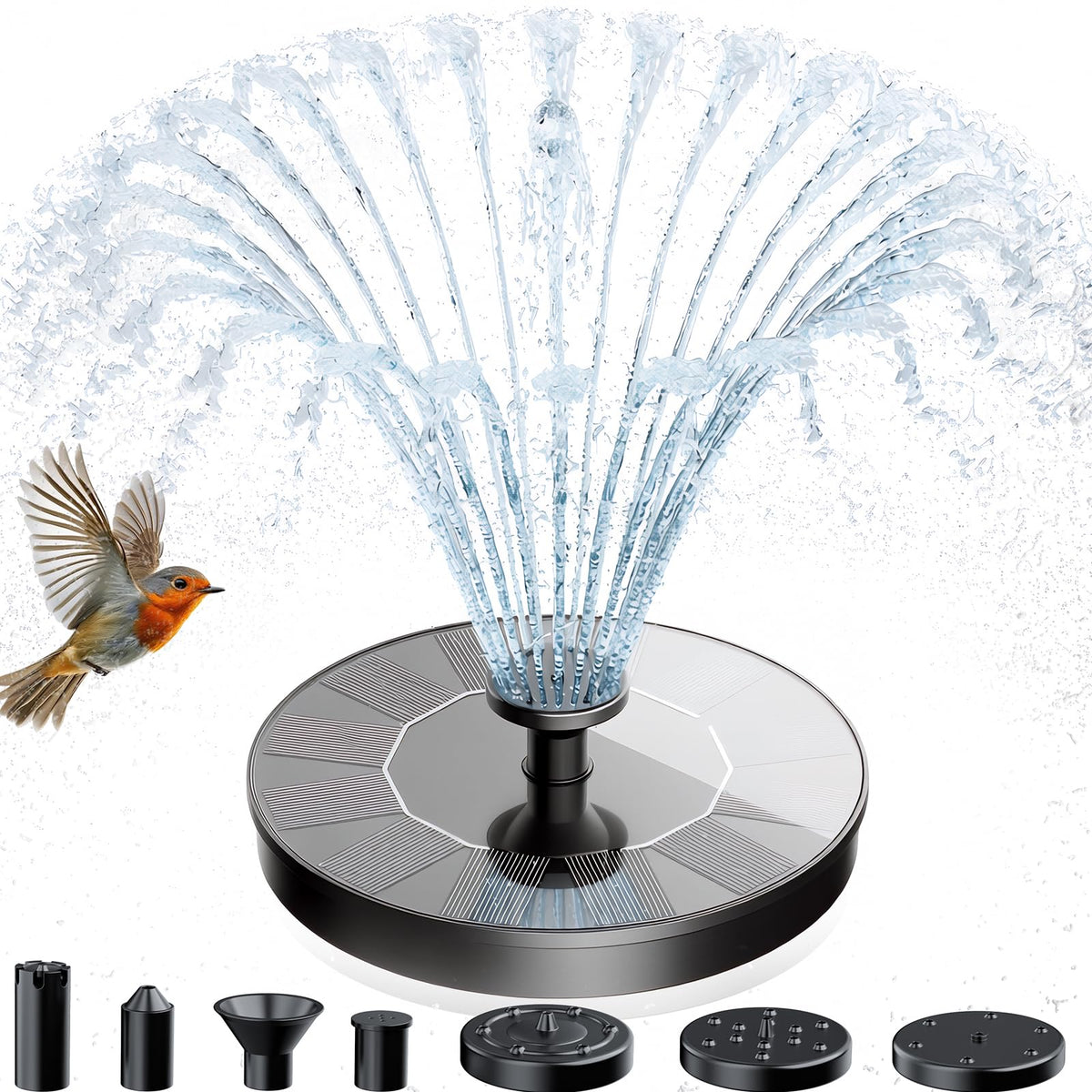 AMZtime solar bird bath fountain in bright sun delivers a graceful water display.