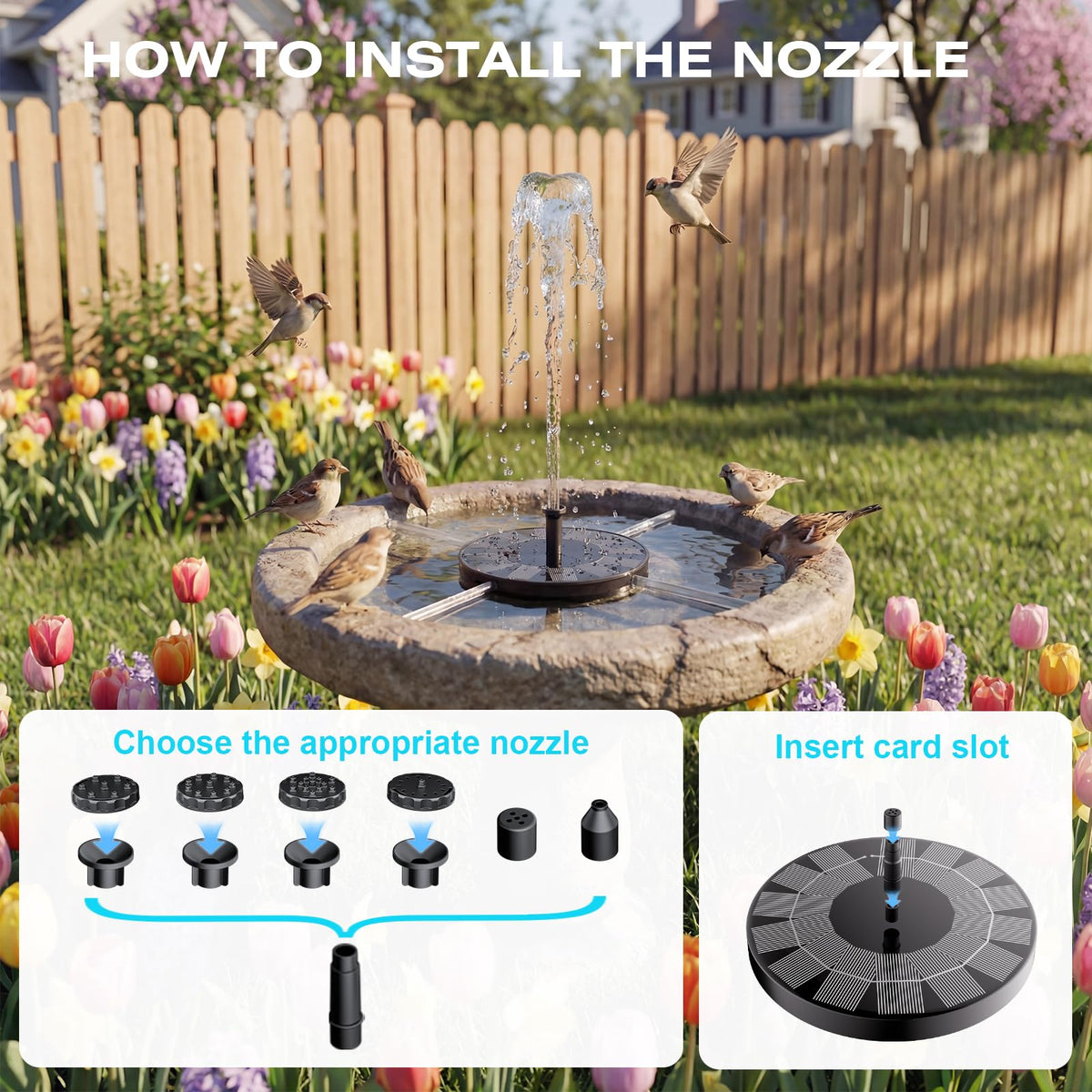 AMZtime solar-powered fountain operates in direct sun for efficient use