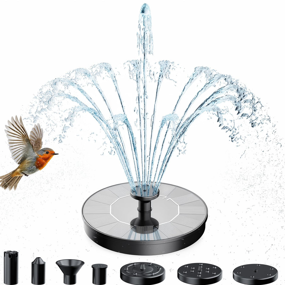AMZtime Solar Fountain with 6 nozzles for versatile garden water patterns.