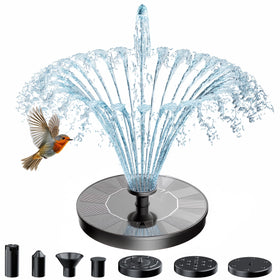AMZtime solar fountain with six nozzles for bird baths enhances garden ambiance.