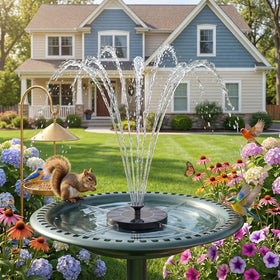 AMZtime solar fountain enhances outdoor ambiance with energy-efficient operation.