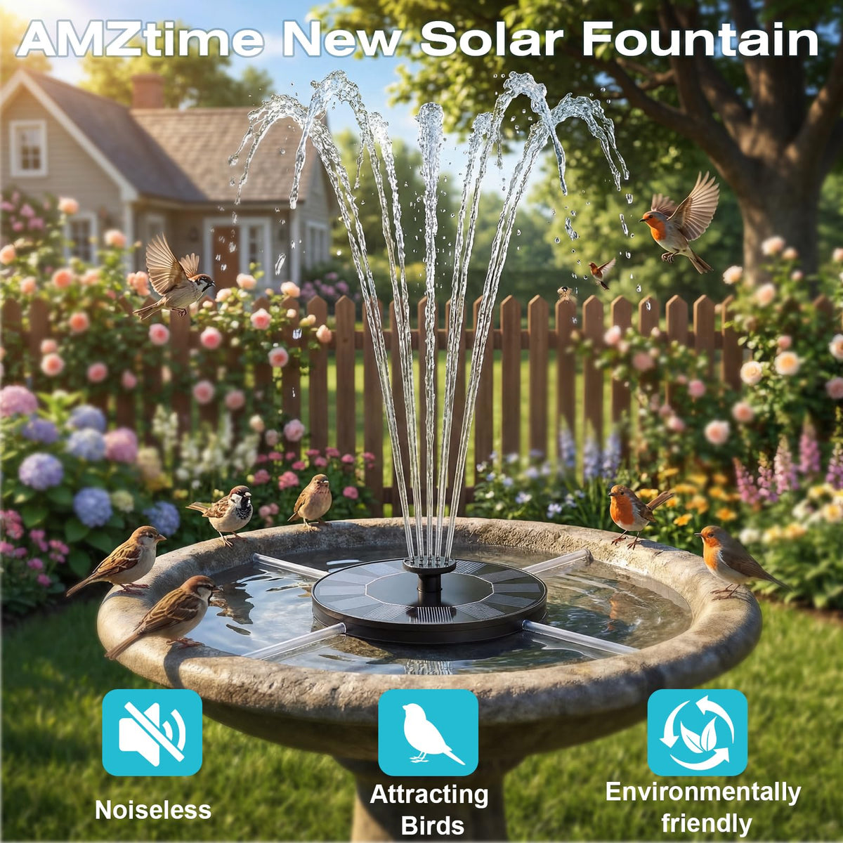 AMZtime solar panel 1.4W powering a maintenance-free fountain in direct sun