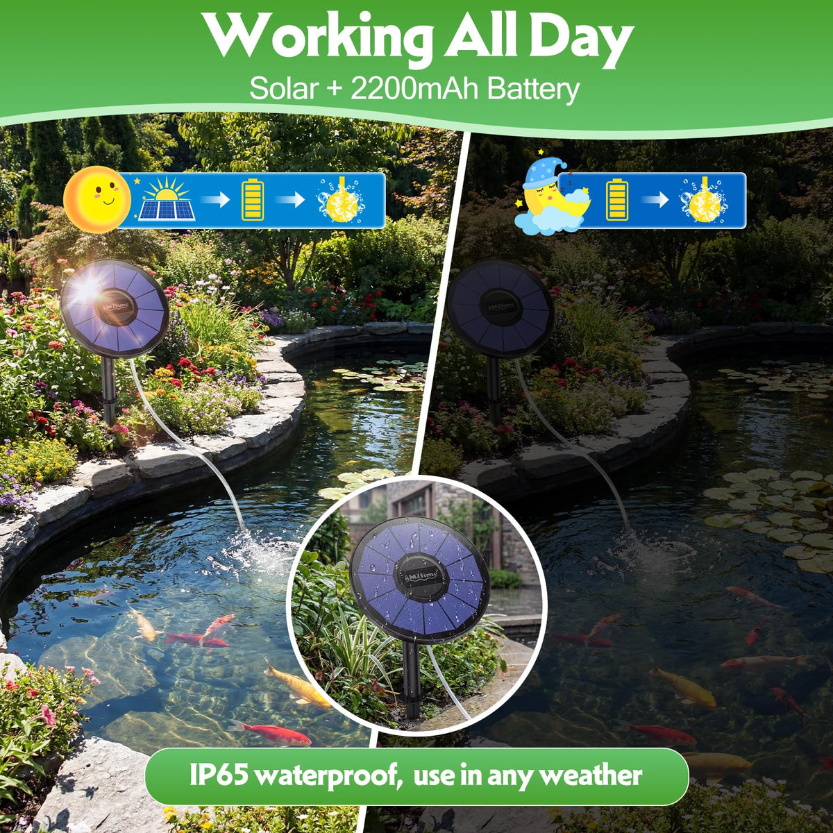 AMZtime solar pond aerator battery inside powers night operation when sun fades