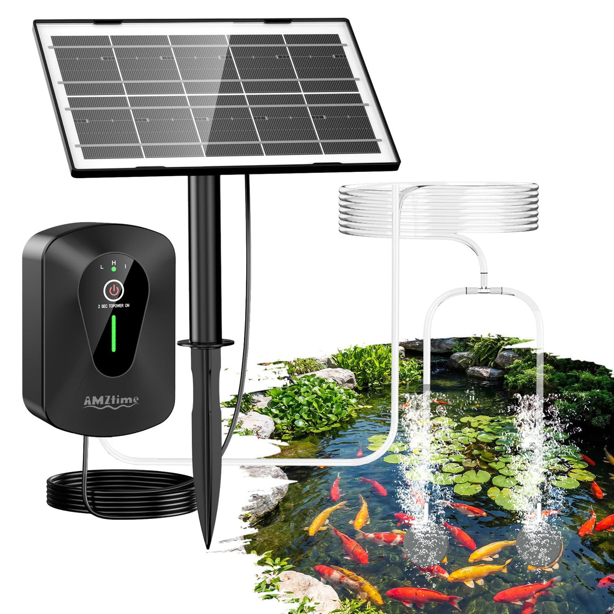 AMZtime solar panel shown for flexible pond aeration in sunlight