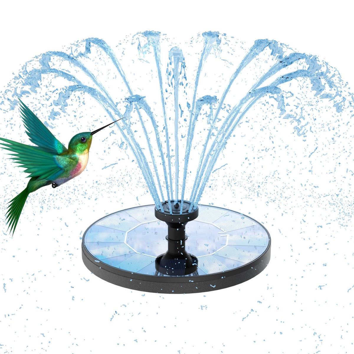 AMZtime solar water fountain with six nozzles enhances bird baths with colorful sprays and movement.