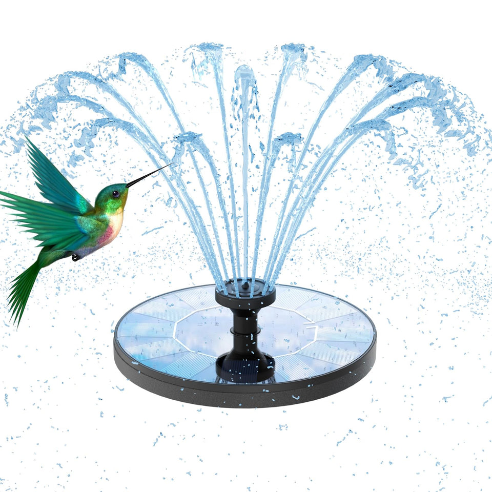 AMZtime solar water fountain with six nozzles enhances bird baths with colorful sprays and movement.