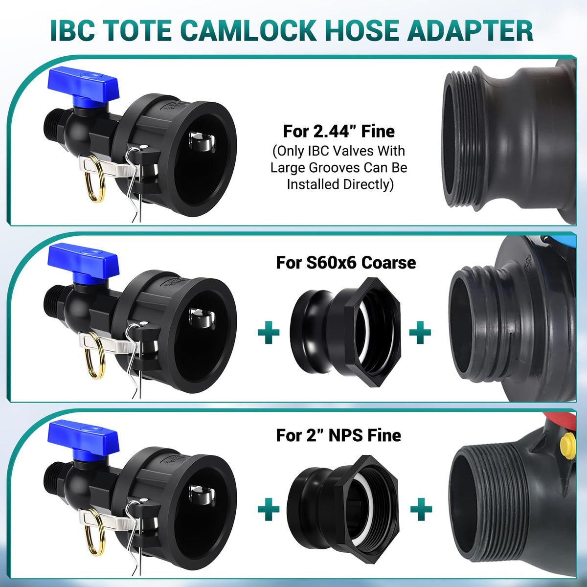 Ana Ark IBC tote hose adapter 2in female to 3/4in hose connection.