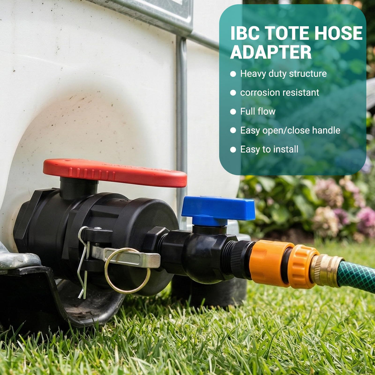Ana Ark IBC tote hose adapter cam-lock closeup shows secure locking.