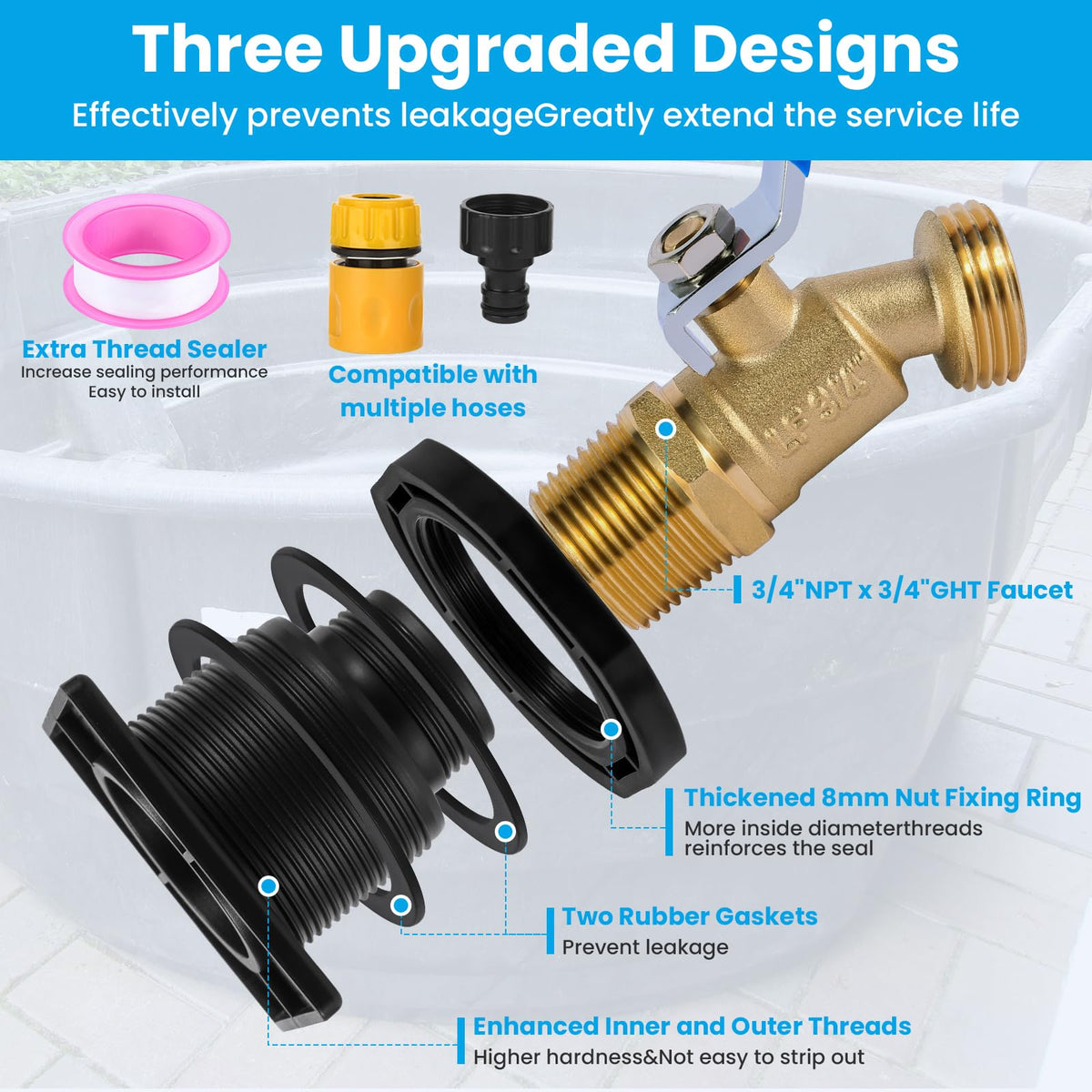 Ana Ark drain plug kit contents: plug, faucet, tape, and cord.