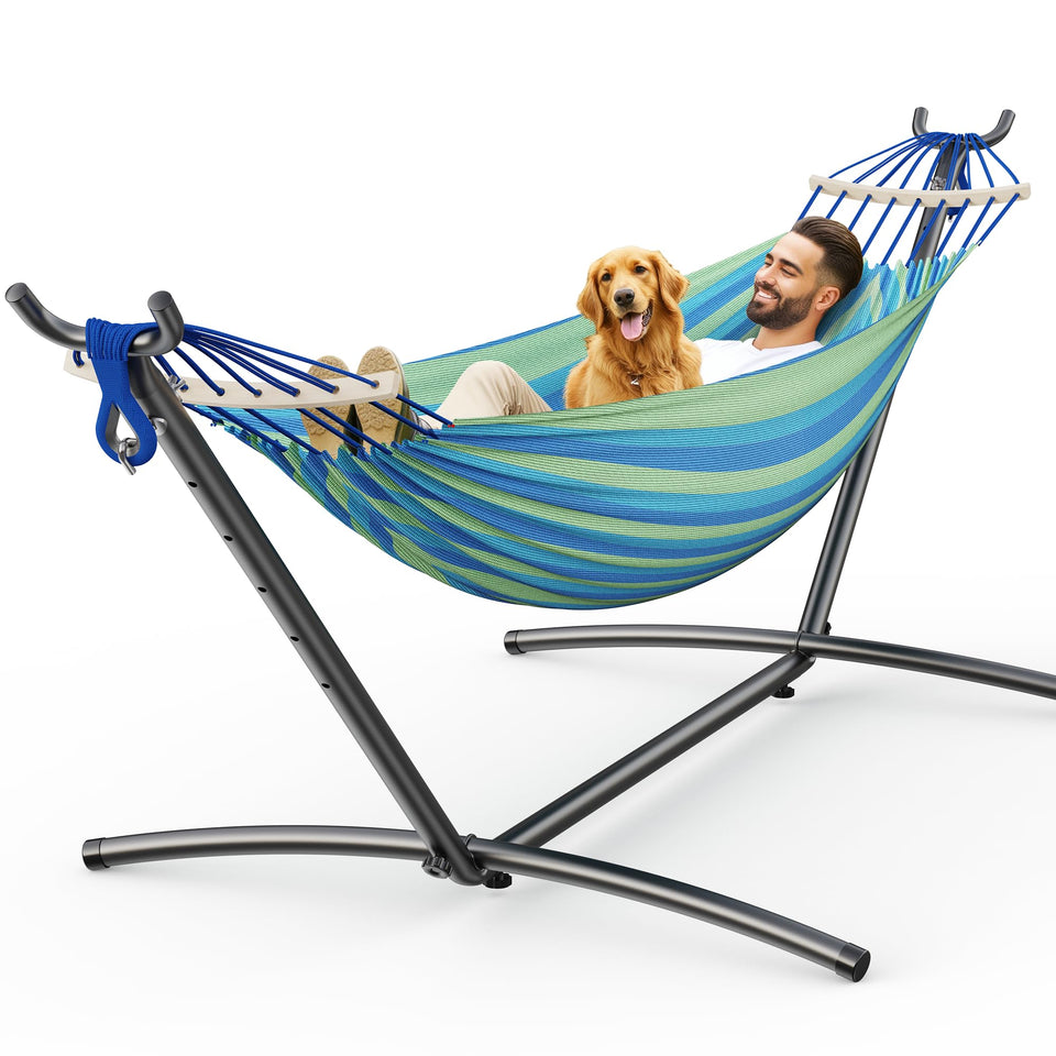 ANAGOO double hammock assembly showing sturdy stand for quick setup