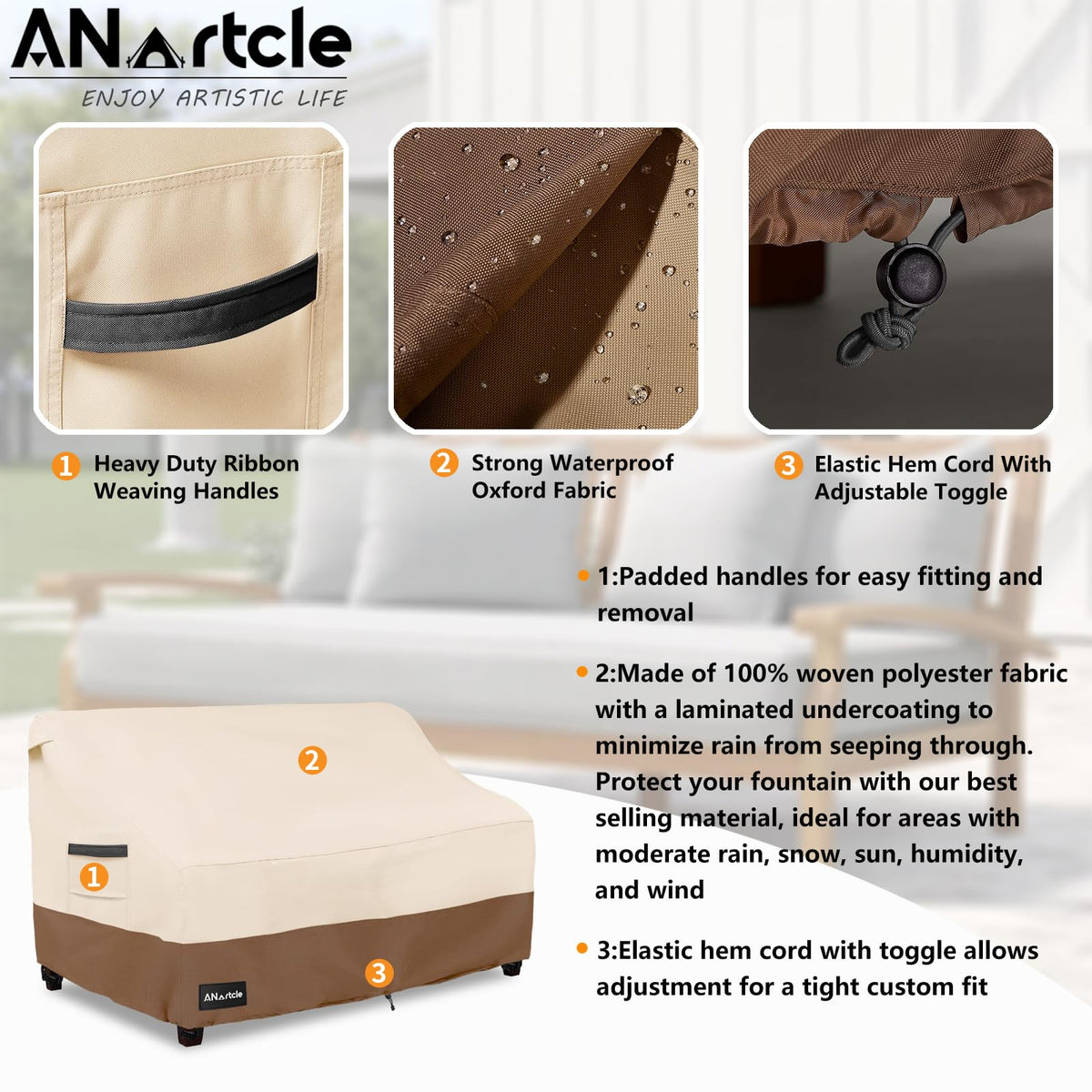 ANartcle Loveseat Cover strap keeps cover secure on windy days
