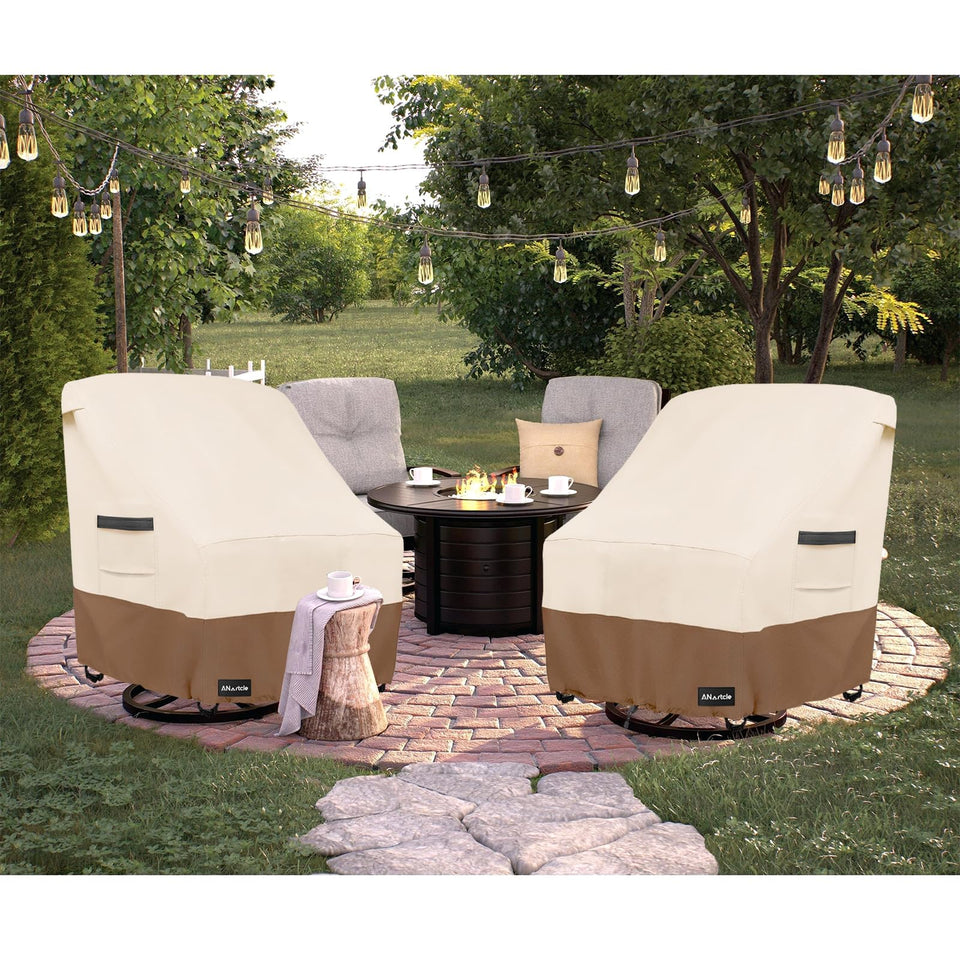 ANartcle outdoor swivel lounge chair cover protects two chairs from rain and sun.