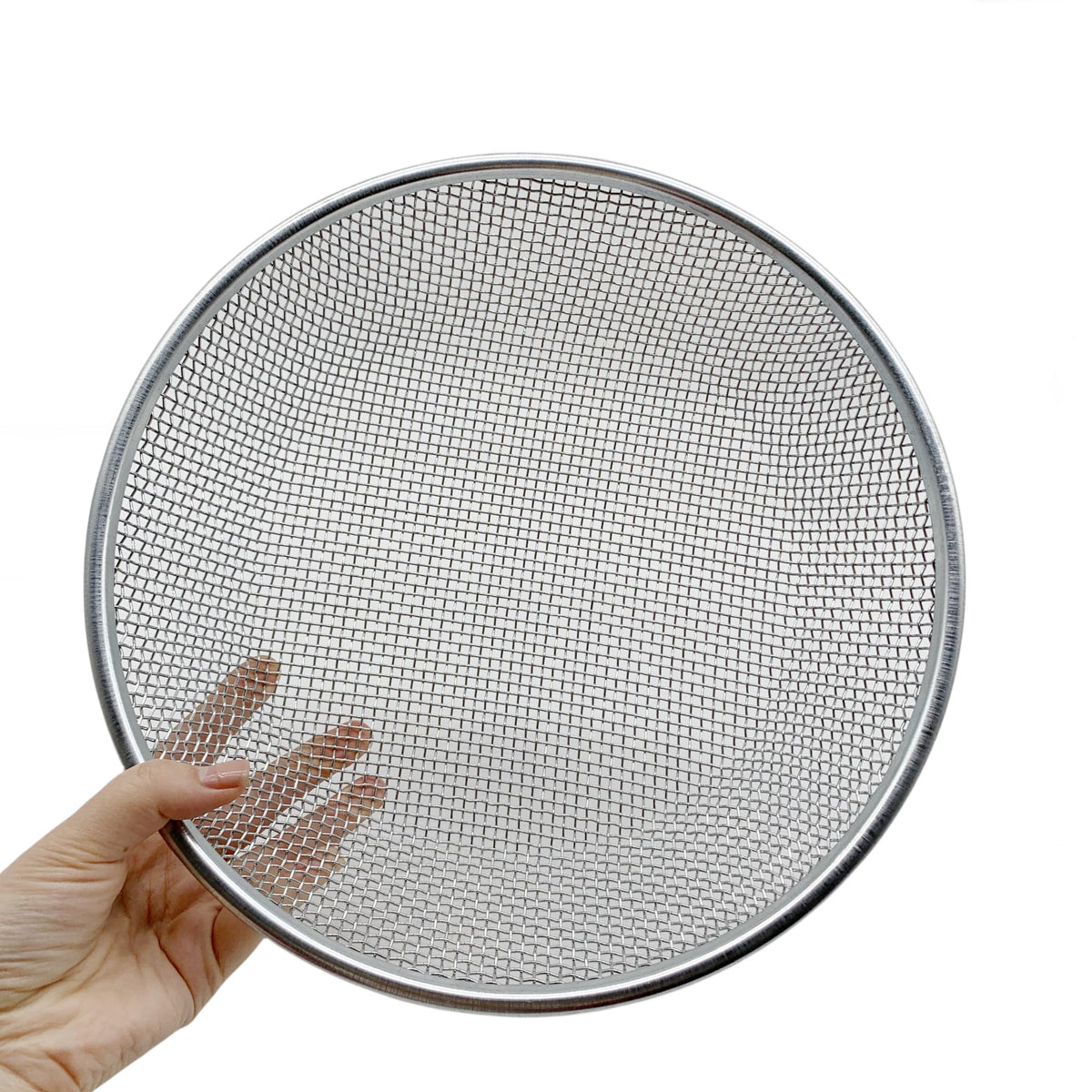 Anbadum 12-inch sieve with 1/8-inch mesh for fine texture.