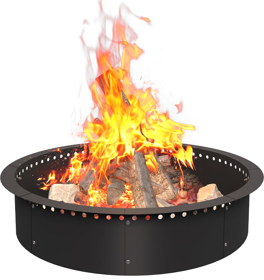 AnBaiMei 36-inch smokeless fire pit ring top view highlights a cleaner burn for gatherings.