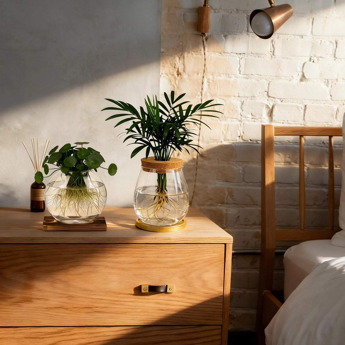Anboliwb glass jar on bamboo base offers tidy hydroponic propagation on a desk.
