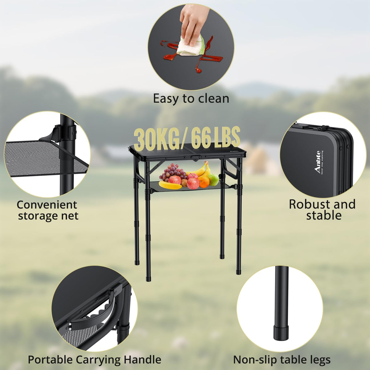 Anbte folding table with storage net; extra space for gear