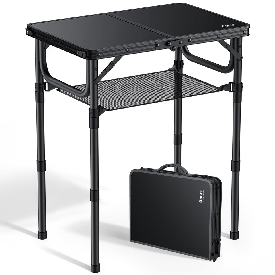 Anbte folding table setup view; compact and portable for camping
