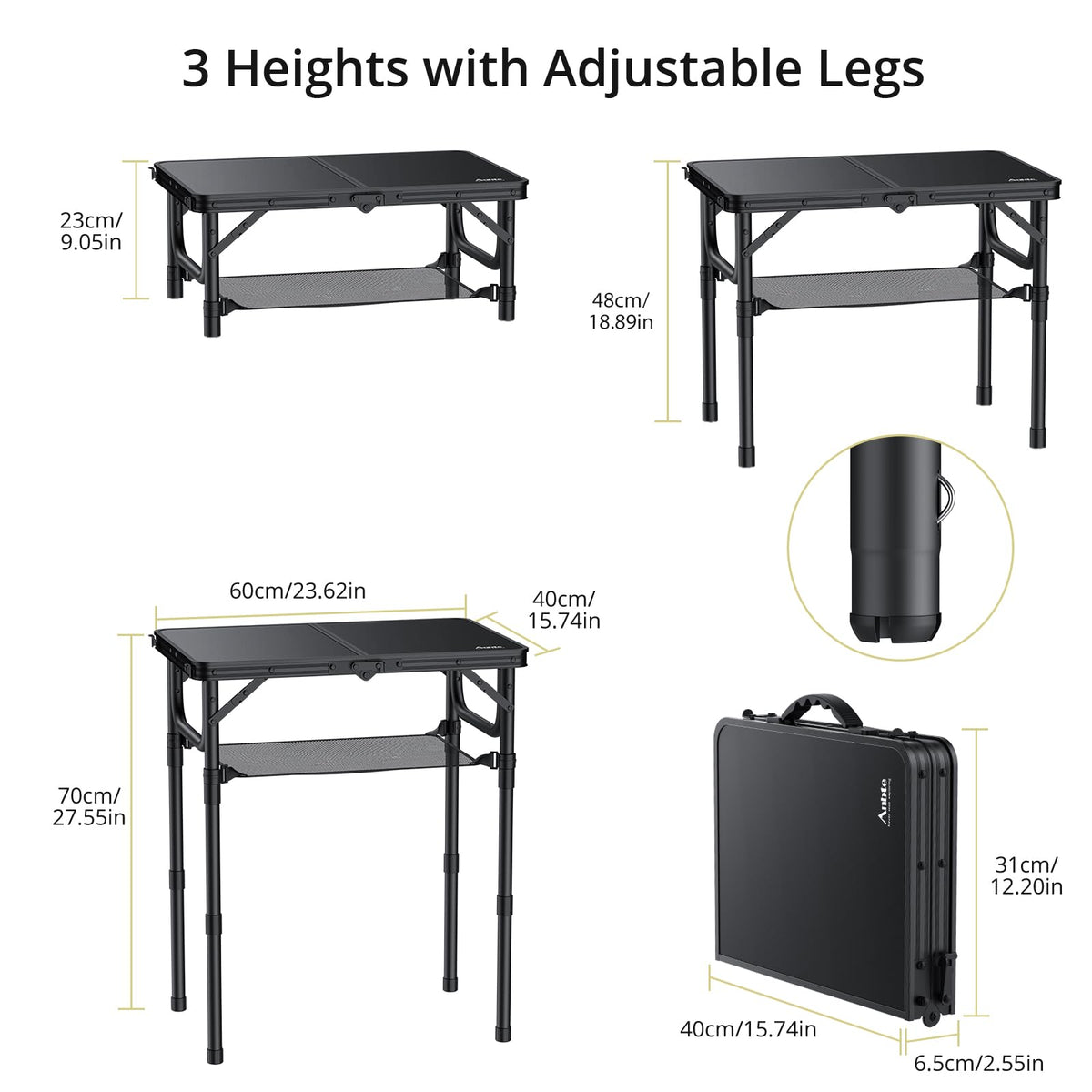 Anbte folding table side view; sturdy aluminum frame for outdoor meals