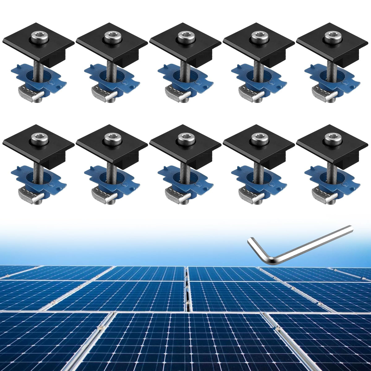 Anbte mid-clamp 30mm for Unistrut secures solar panels on metal roofs.