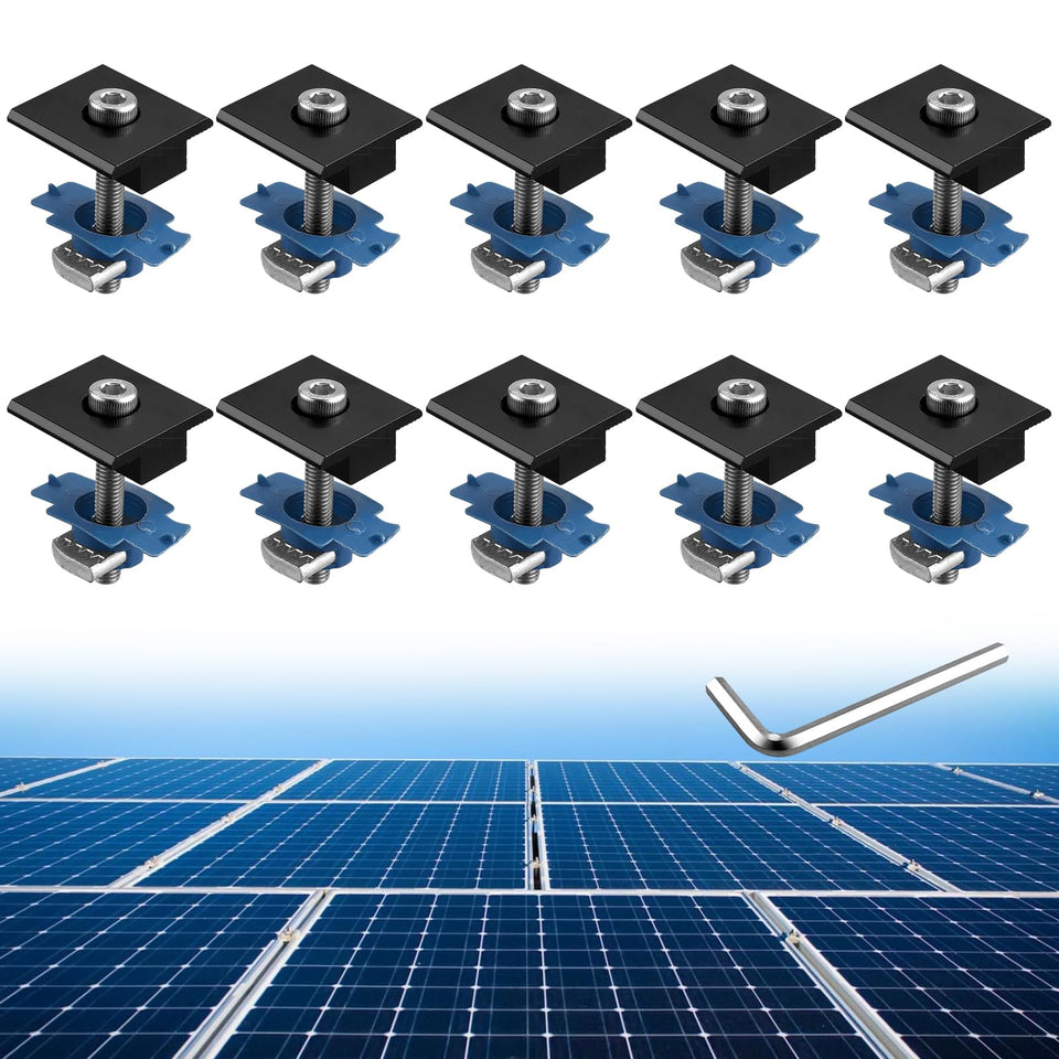 Anbte mid-clamp 30mm for Unistrut secures solar panels on metal roofs.