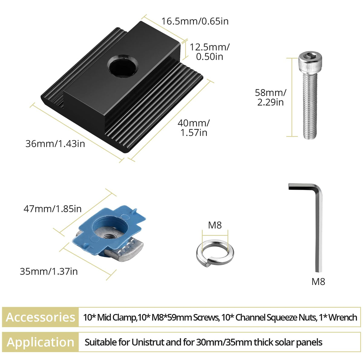 Anbte mid-clamp 35mm for Unistrut provides stable module mounting on windy roofs.