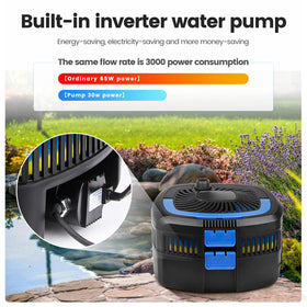 Anbull pond filter pump in use with fountain head in a backyard pond