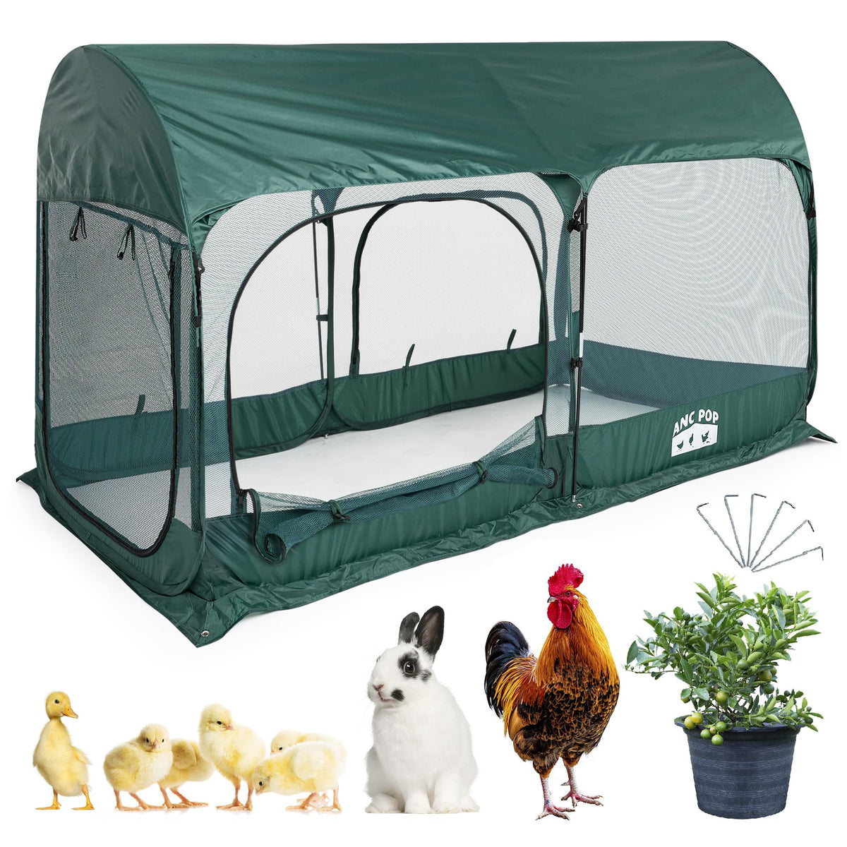 ANC POP portable chicken run with three doors for easy access to pets.