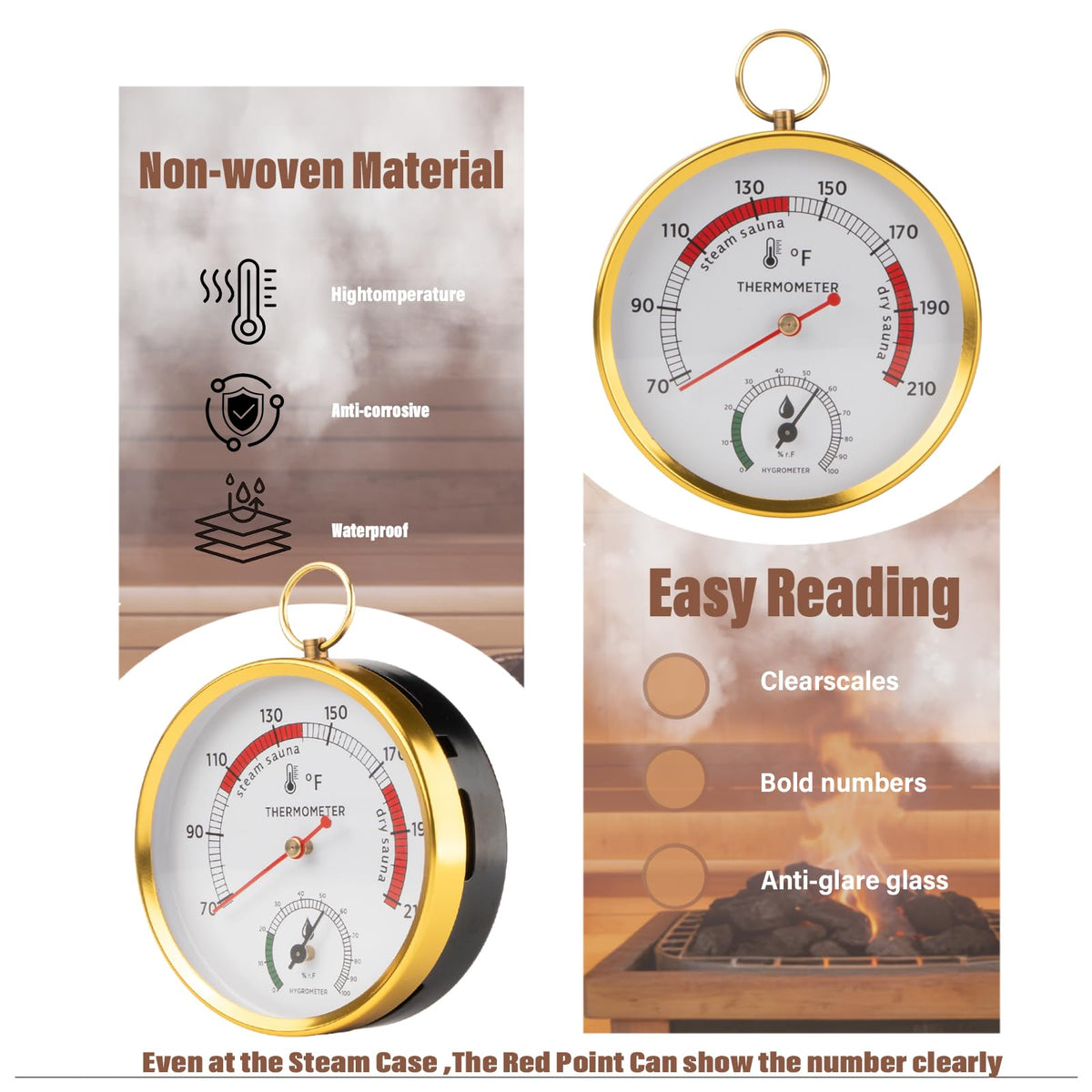 Andelov hygrometer-dial shows humidity range 0-100% for cabin moisture awareness.