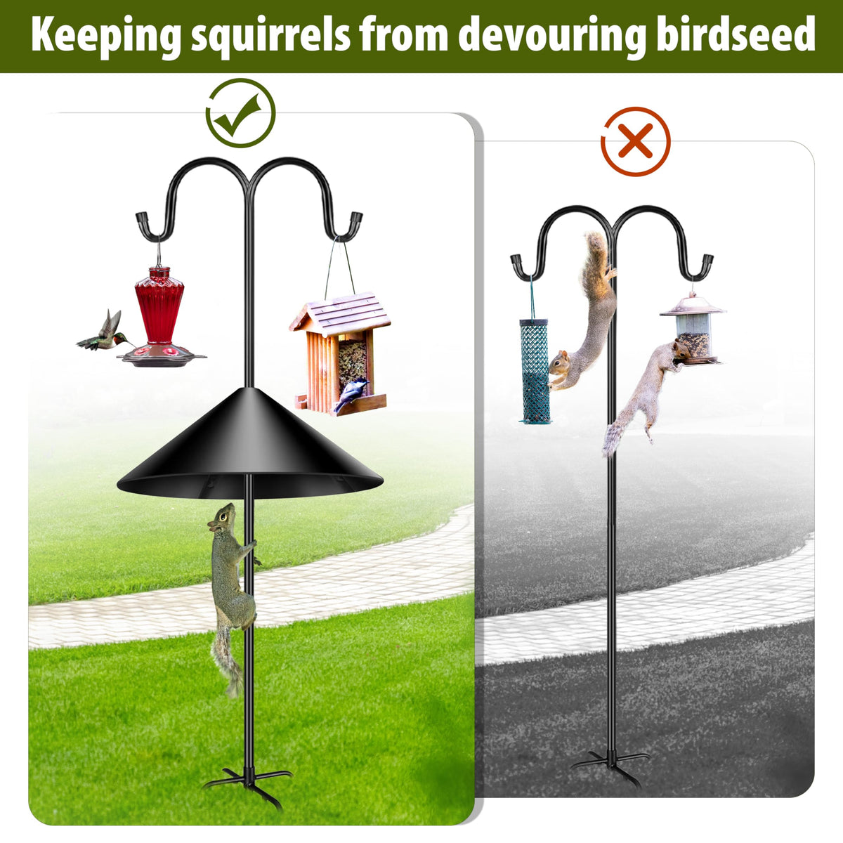 Andergi Squirrel Baffle on shepherd hooks shows easy tool-free mounting.