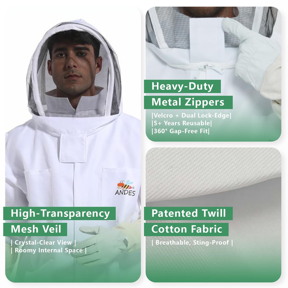 ANDES bee suit detachable veil for clear visibility during hive inspections