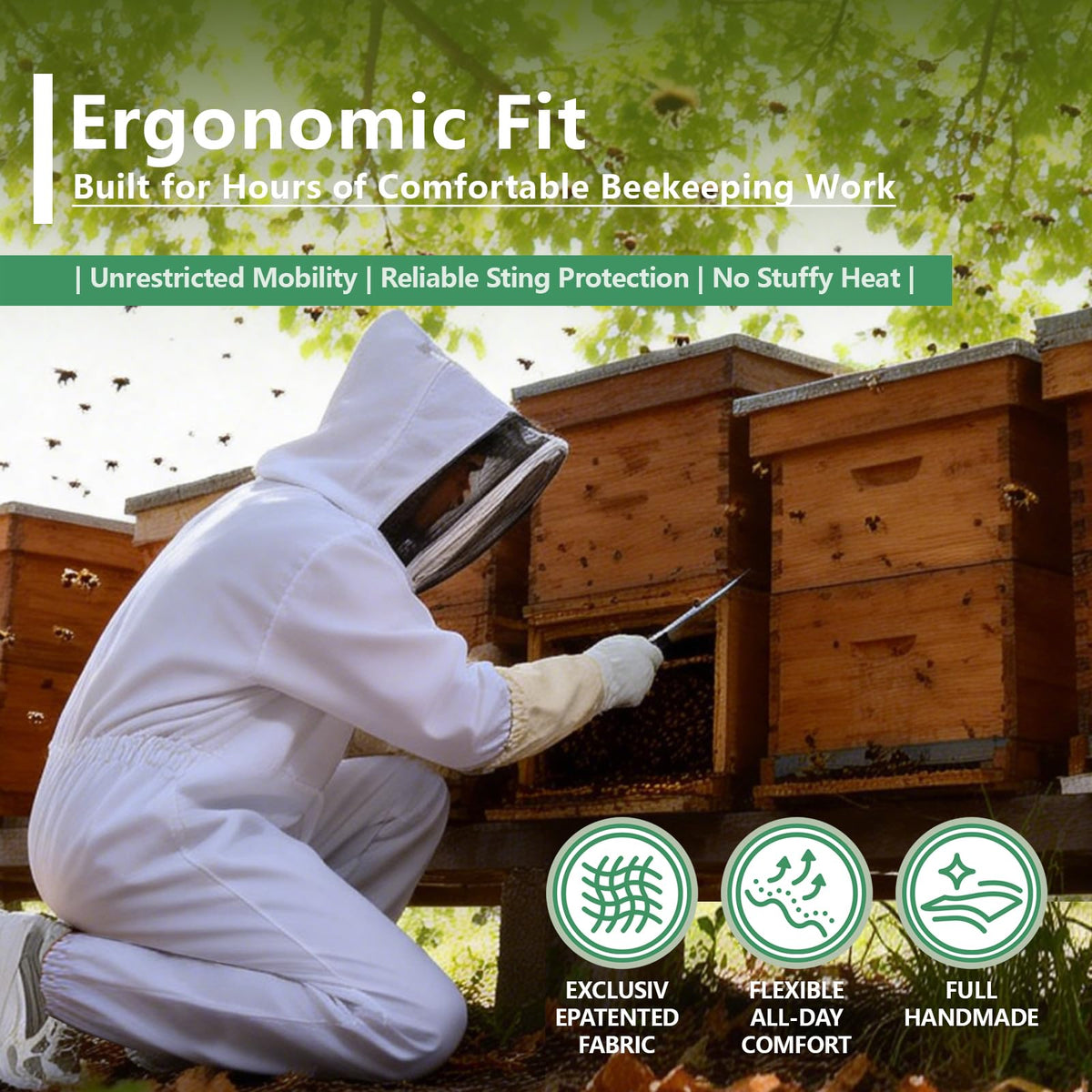 ANDES bee suit packaging includes gloves for immediate use in beekeeping