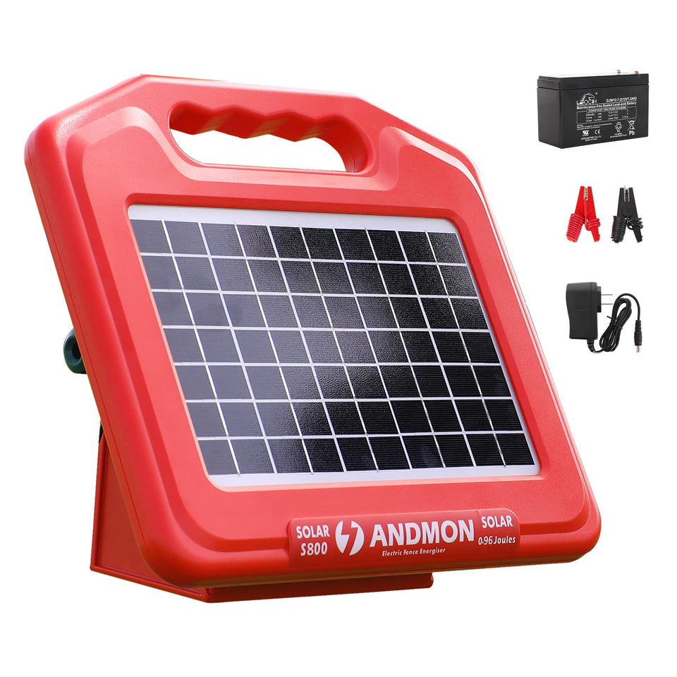 ANDMON 50 Miles Solar Fence Charger unit front view for outdoor livestock protection.