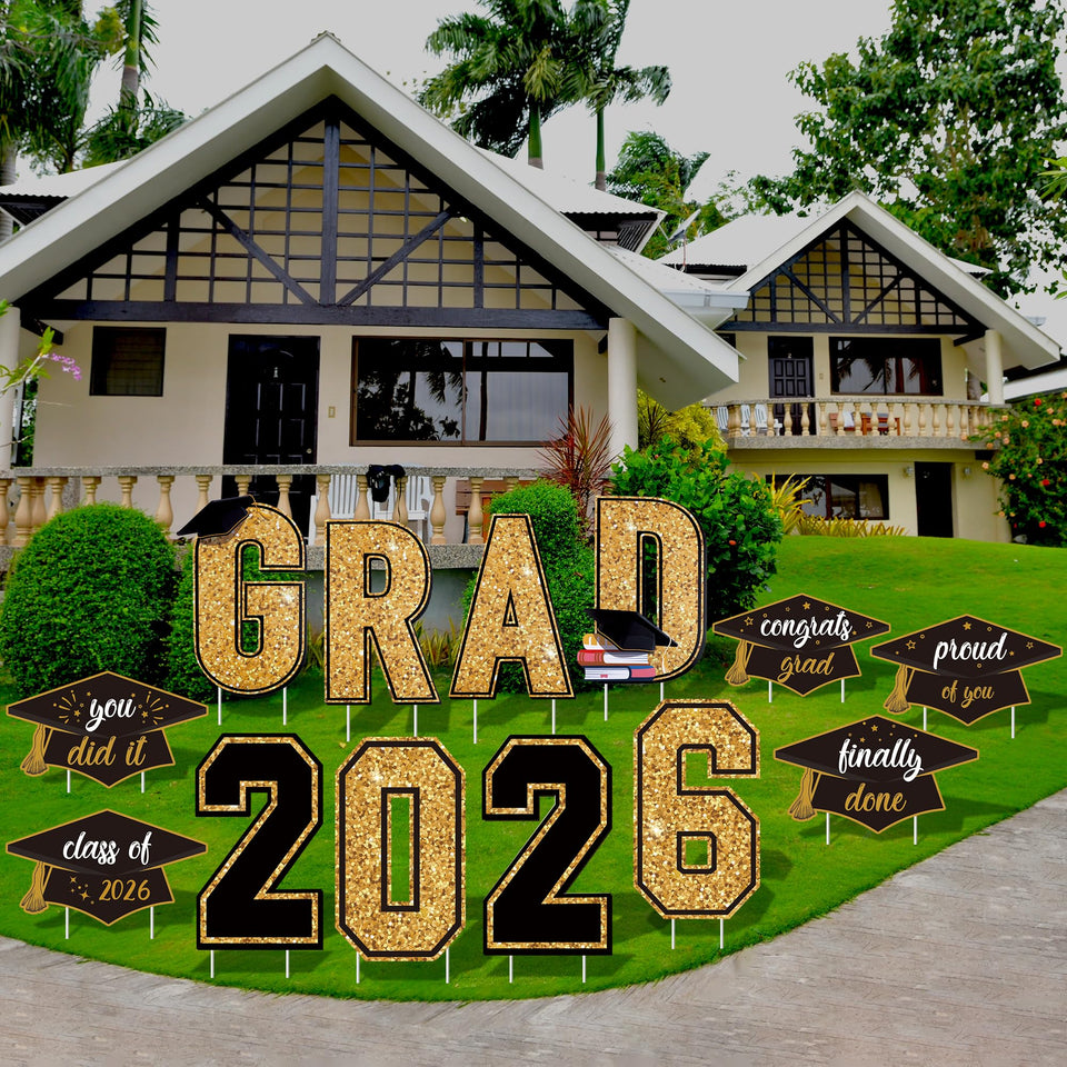 Aneco 2026 Grad Signs bundle enhances lawn decor for graduation celebrations.