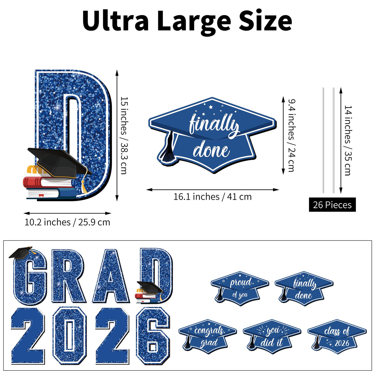 Aneco blue grad yard sign with stakes highlights 2026 GRAD for lawn display.