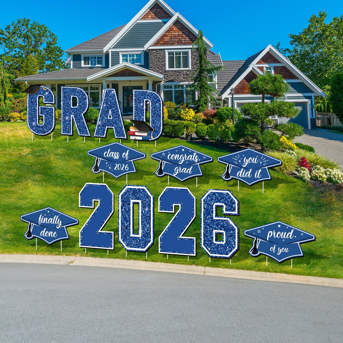 Aneco blue front yard grad decor for outdoor graduation celebrations.