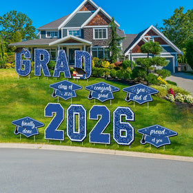Aneco blue front yard grad decor for outdoor graduation celebrations.