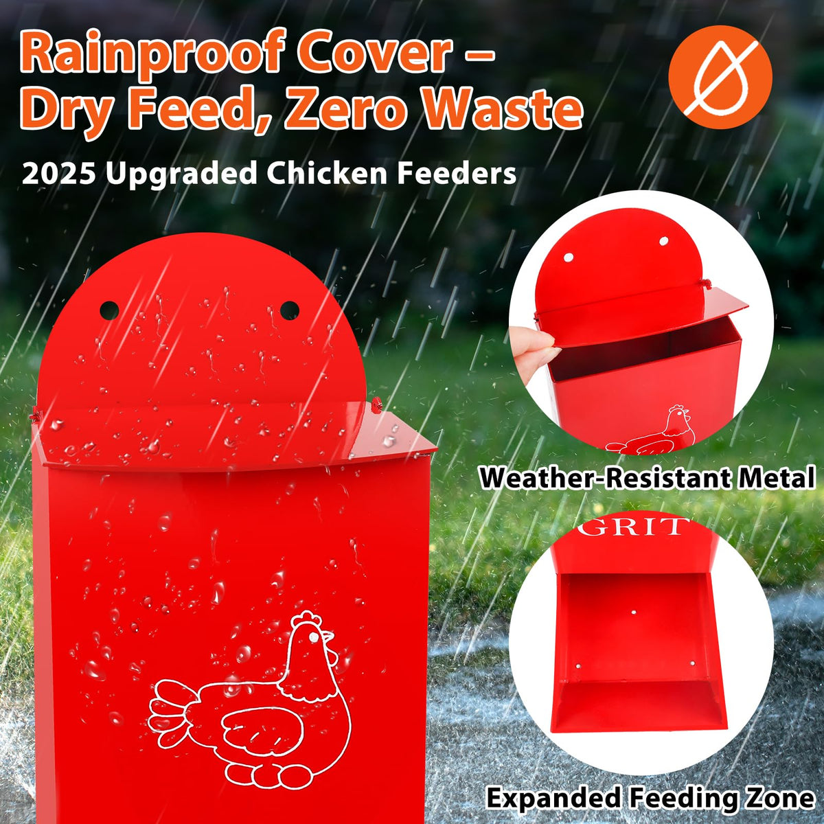 ANGAR grit feeder rain cover protecting feed during rain in outdoor coop.