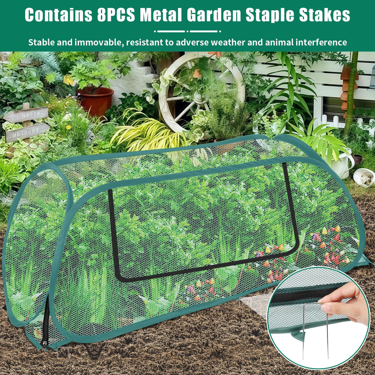 ANGAR pop-up cover with roll-up window keeps plants visible for quick checks